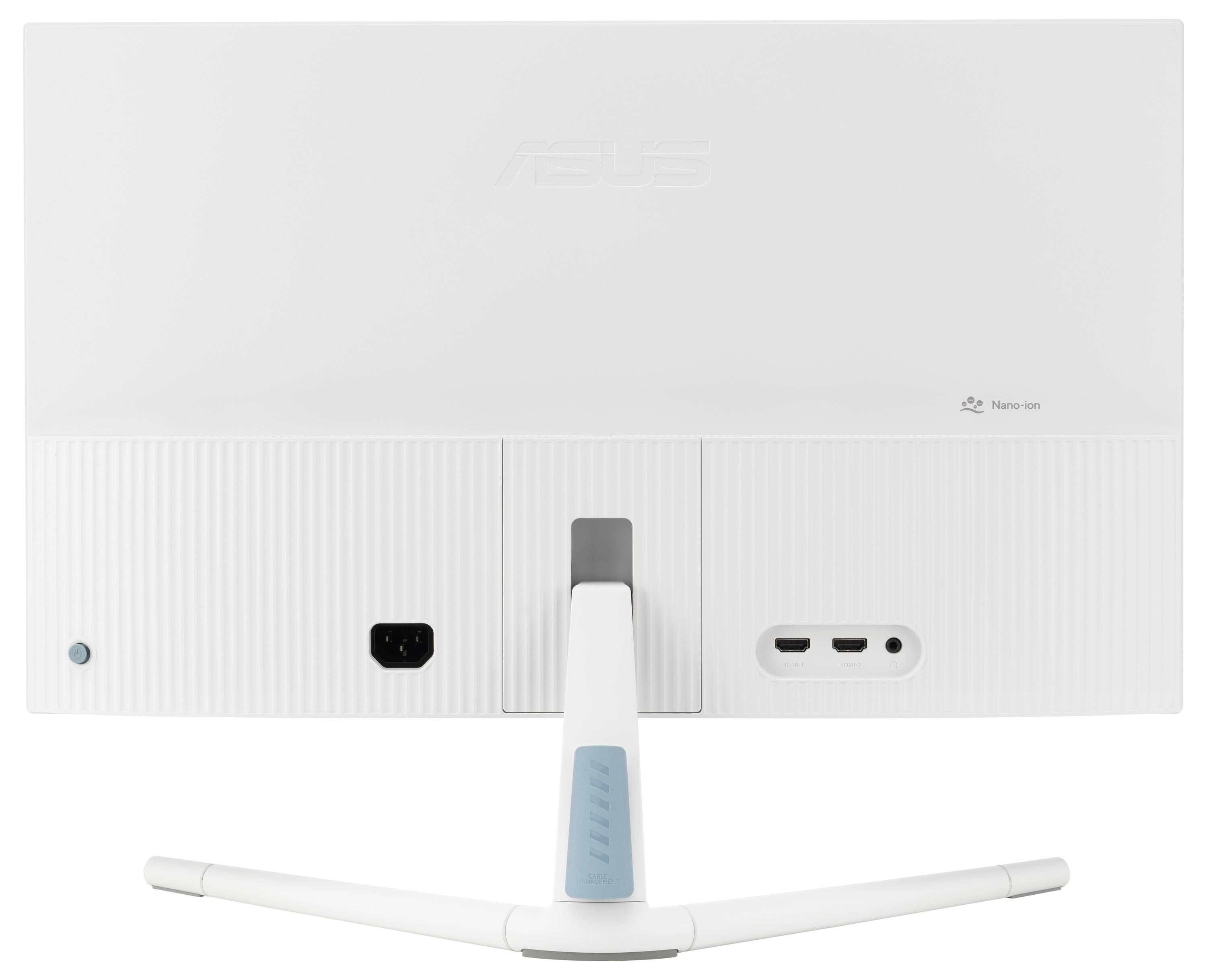 Die Rückseite eines weißen Computerbildschirms mit Asus-Logo und Anschlüssen. Enthält HDMI-, DisplayPort- und Stromanschluss.