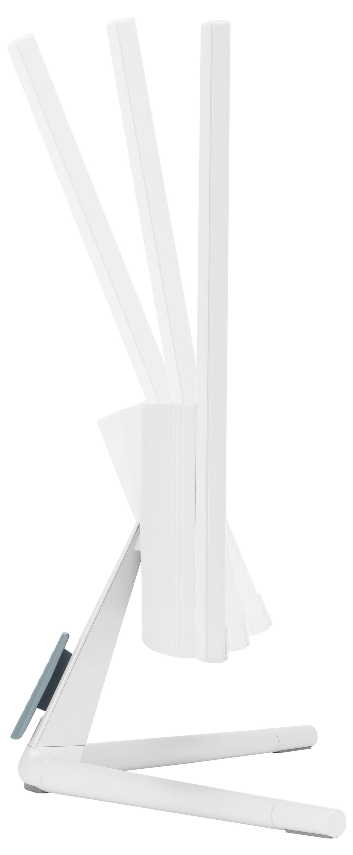 Weißer, schlanker Computerbildschirm von der Seite im Porträtmodus gezeigt, mit neigbarer Funktion und einem stabilen Standfuß.