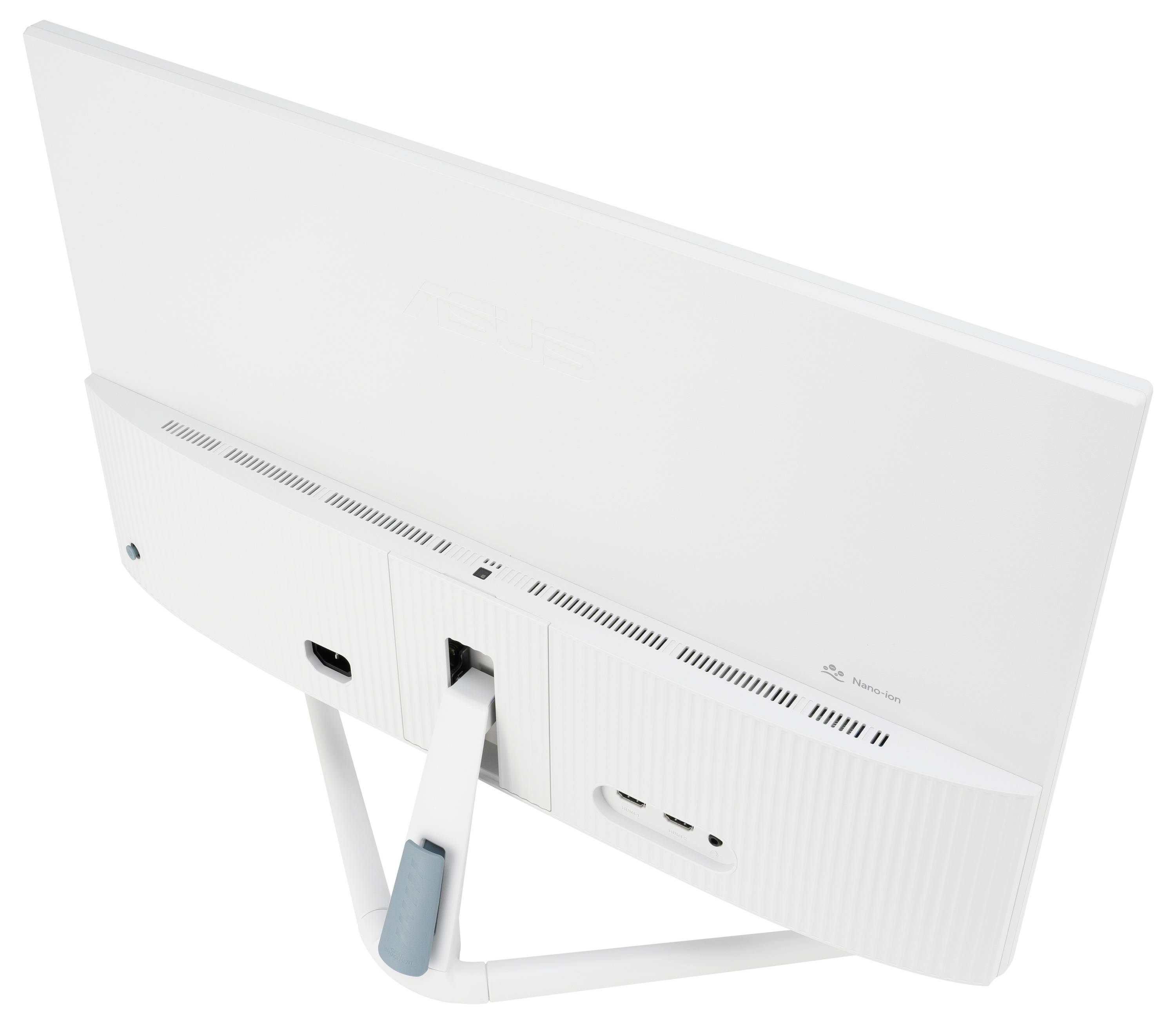 Hinteransicht eines weißen Monitors mit Standfuß, mehreren Anschlüssen und Lüftungsschlitzen.