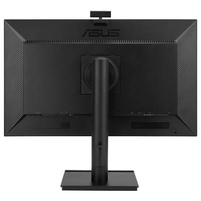 Rückansicht eines schwarzen Computerbildschirms von Asus mit einem stabilen Standfuß, geeignet für Büro- oder Heimgebrauch.
