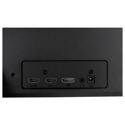 'Rückseite eines Monitors mit Anschlüssen: zwei HDMI-Eingänge, ein DisplayPort, eine Audiobuchse und ein Stromanschluss.'