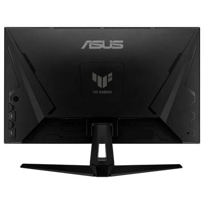 Rückseite eines ASUS TUF Gaming-Monitors mit schwarzem Gehäuse und markantem Design.