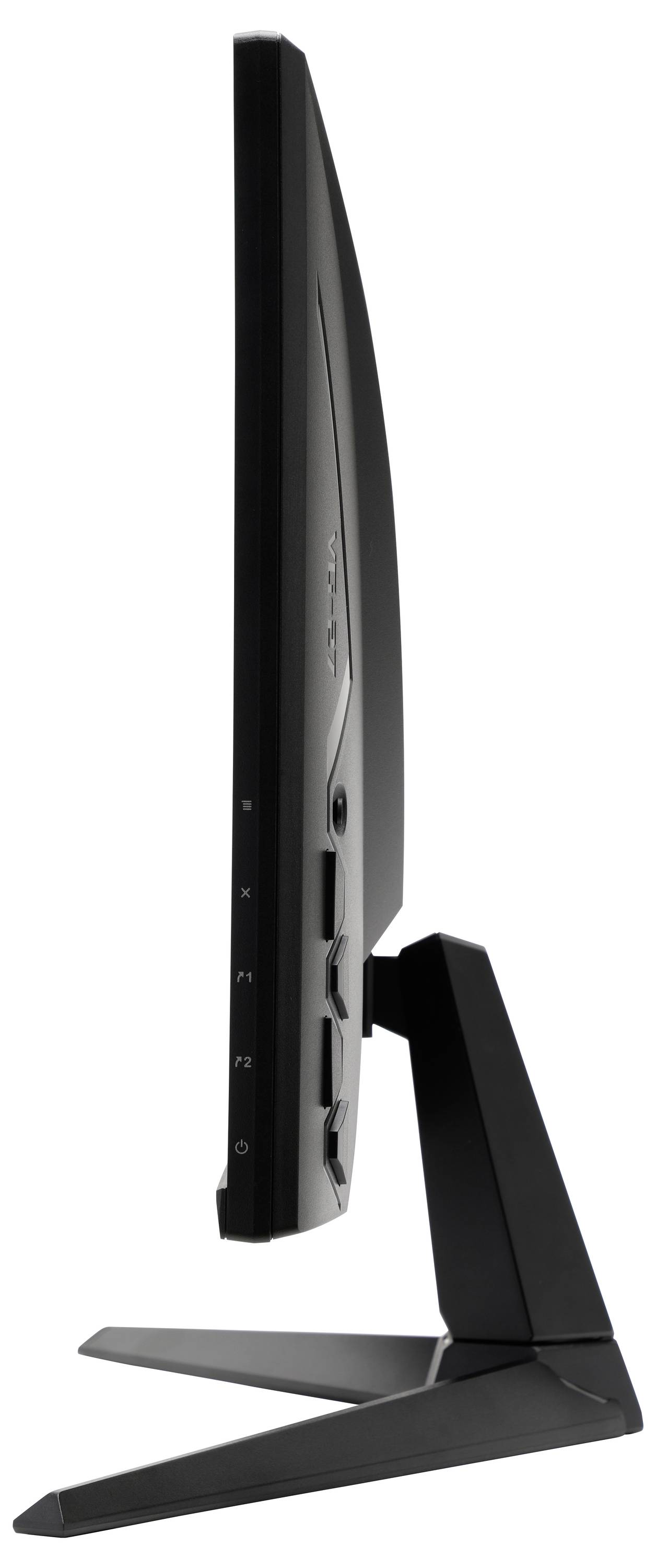 Ein schlanker, schwarzer Computermonitor von der Seite, auf einem stabilen Standfuß. Bildschirmknöpfe sind entlang der Seite sichtbar.