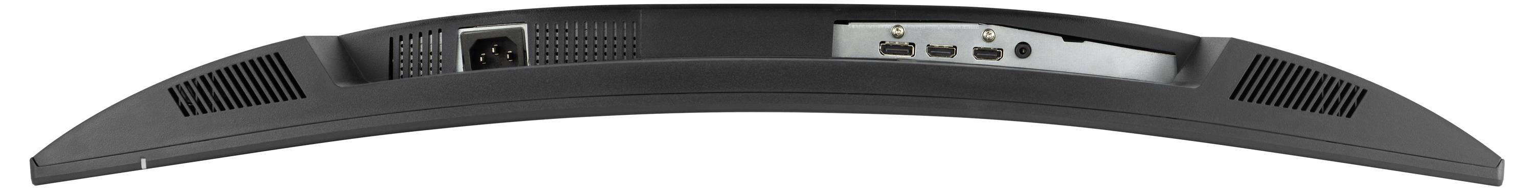 Rückseite eines schwarzen Monitors mit eingebauten Lautsprechern; zeigt Anschlussmöglichkeiten und Lüftungsschlitze.