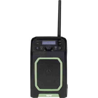 Ein tragbares Radio mit grünem und schwarzem Gehäuse, DAB+-Display, Lautsprecher und Antenne. Bedienknöpfe oben auf der Vorderseite.