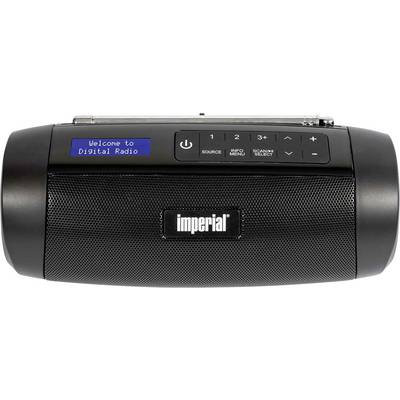 Schwarzes tragbares Digitalradio mit blauer LED-Anzeige, auf der 'Welcome to Digital Radio' steht. Markenname in der Mitte. Tasten für Senderwahl und Lautstärkeregelung.