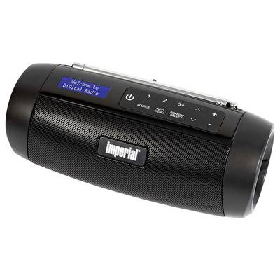 Tragbares Digitalradio in Schwarz mit LCD-Display, das 'Welcome to Digital Radio' anzeigt; enthält Bedienelemente und Lautsprechergitter.