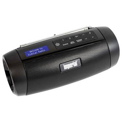 Ein tragbares, schwarzes Digitalradio mit einem Display zeigt die Nachricht 'Welcome to Digital Radio'. Tasten zur Steuerung sind sichtbar.