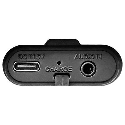 'DC IN 5V' USB-C-, 'CHARGE'- und 'AUDIO IN'-Buchsen an einem elektronischen Gerät, zeigen Lade- und Audioanschlussoptionen.