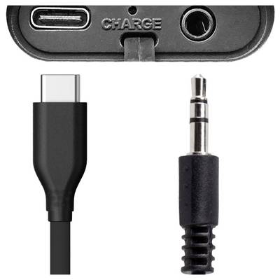 Zwei Kabelstecker: USB-C und 3,5-mm-Klinkenstecker. Oben eine Anschlussschnittstelle mit Aufschrift 'CHARGE'.