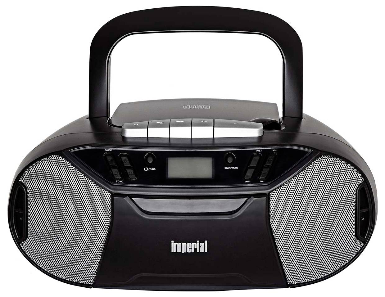 Ein tragbares schwarzes Radio mit silbernen Lautsprechergittern und einem Griff oben. Es hat ein Display und mehrere Bedienelemente vorne.