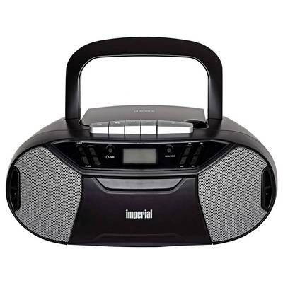 Ein tragbares schwarzes Radio mit silbernen Lautsprechergittern und einem Griff oben. Es hat ein Display und mehrere Bedienelemente vorne.