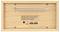 Rückansicht eines Holzkastens mit aufgedruckten technischen Spezifikationen und Anschlüssen für AUX-In, USB, DC-Out und einer Antenne.