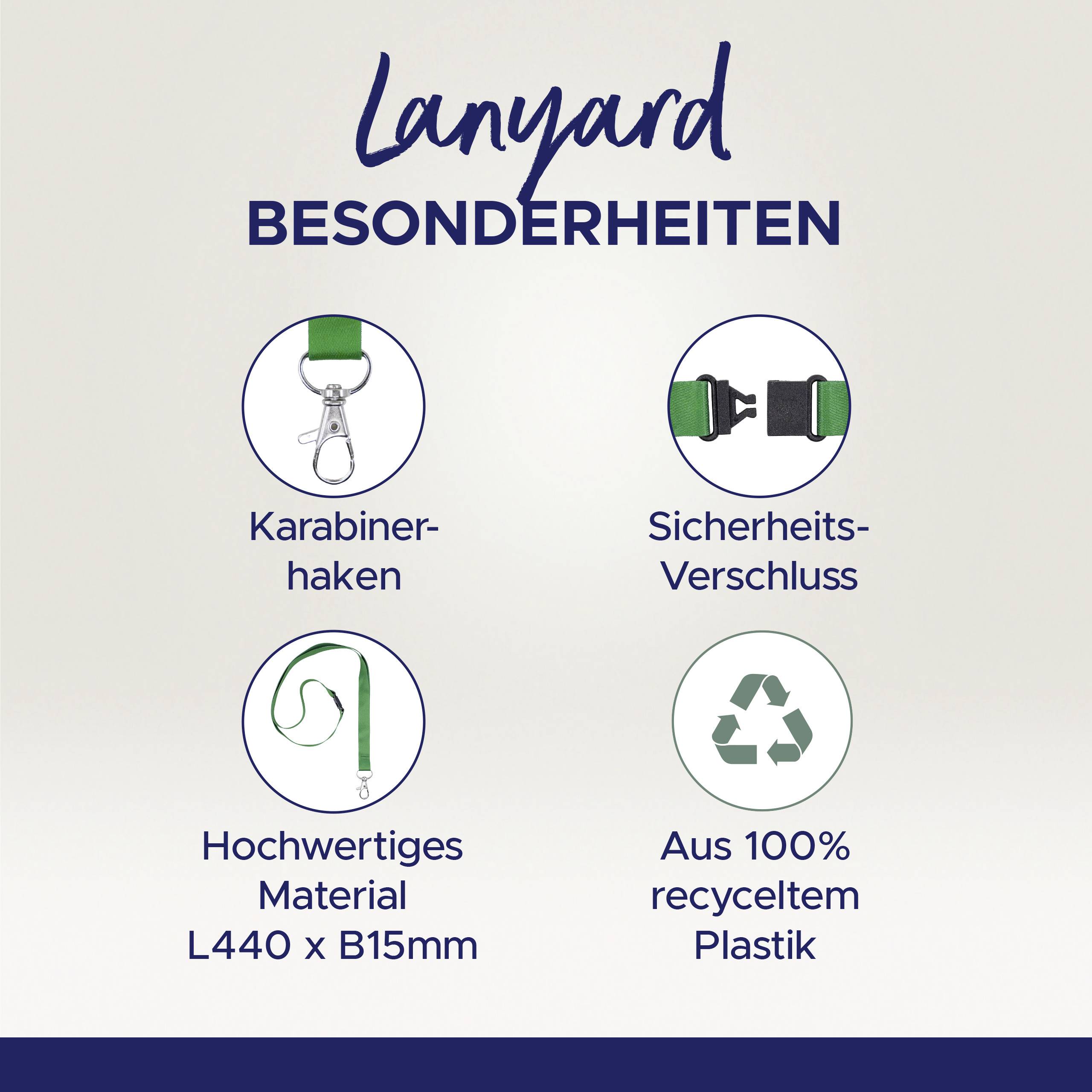 'Besonderheiten von Lanyards: Karabinerhaken, Sicherheitsverschluss, hochwertige L440 x B15 mm, aus 100% recyceltem Plastik.'