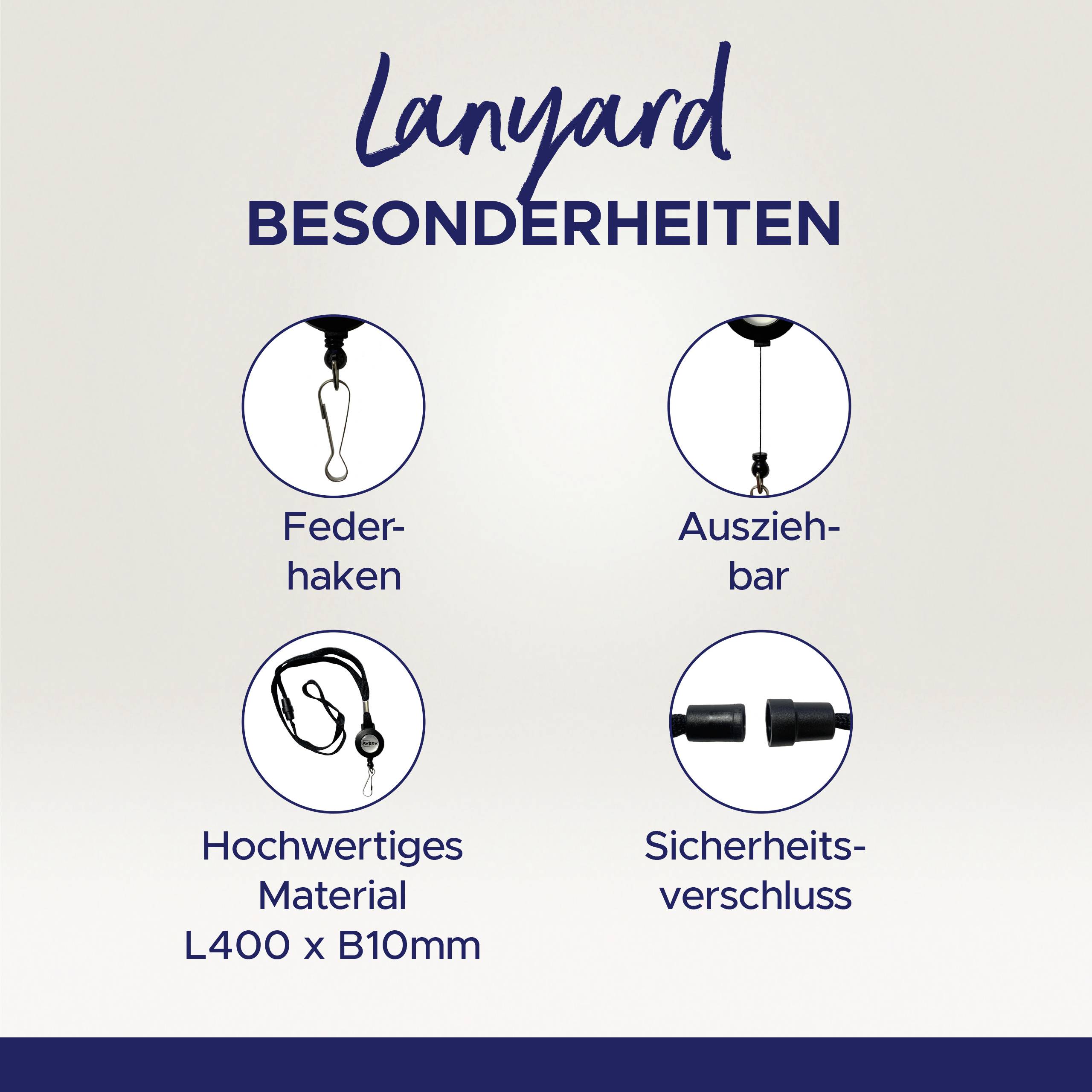Lanyard Besonderheiten: Federhaken, ausziehbar, hochwertiges Material (L400 x B10mm), Sicherheitsverschluss.