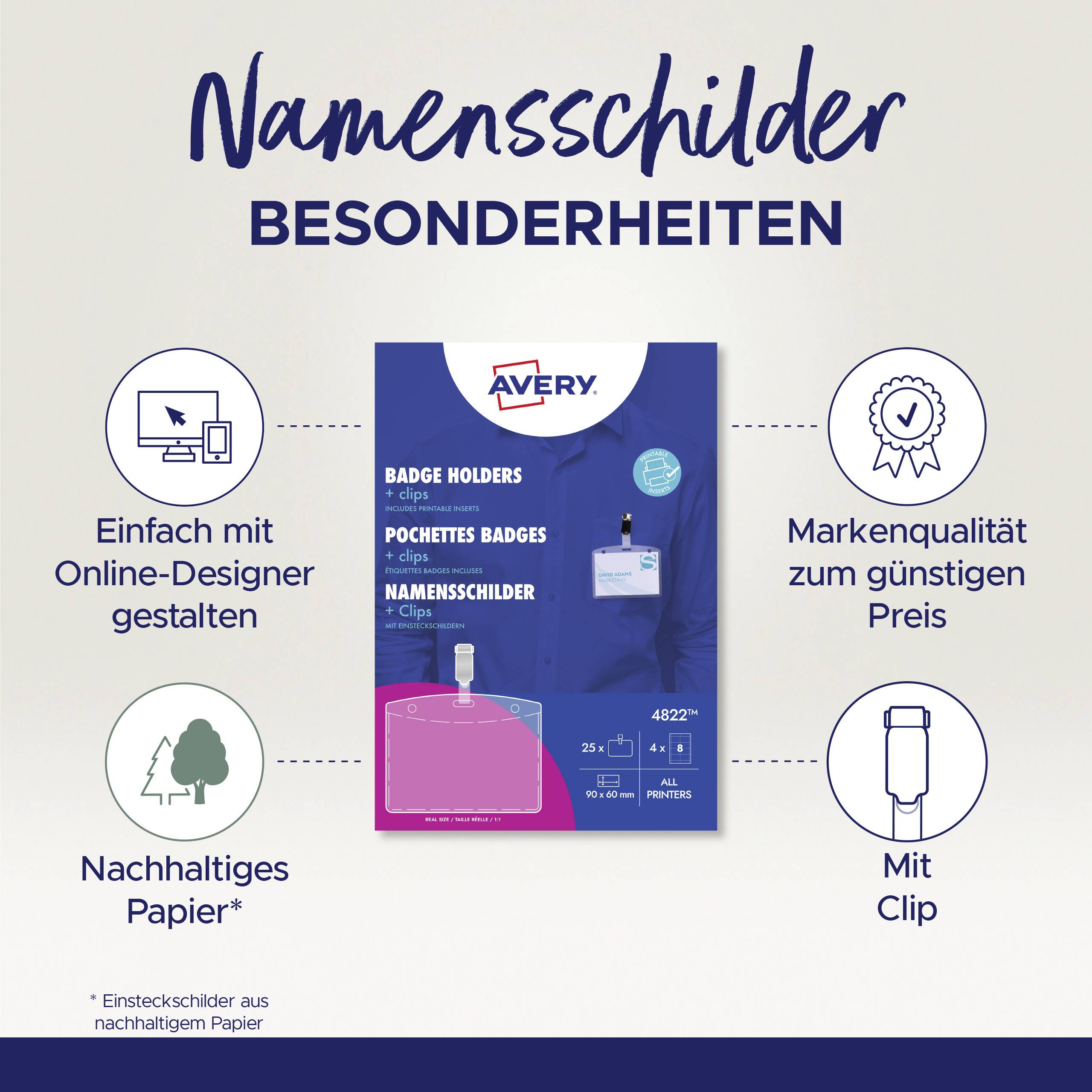 Namensschilder Besonderheiten: Online-Designer, nachhaltiges Papier, Markenqualität, mit Clip. Visitenkarte und Clip abgebildet.