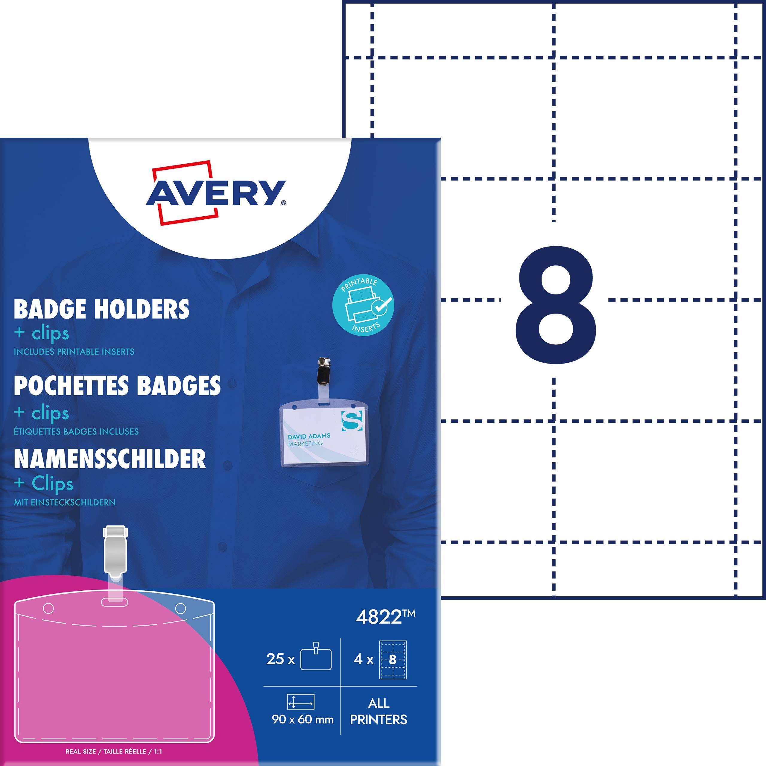 'Verpackung für Namensschilder mit Clips von Avery, 25 Stück, Größe 90 x 60 mm, geeignet für alle Drucker.'