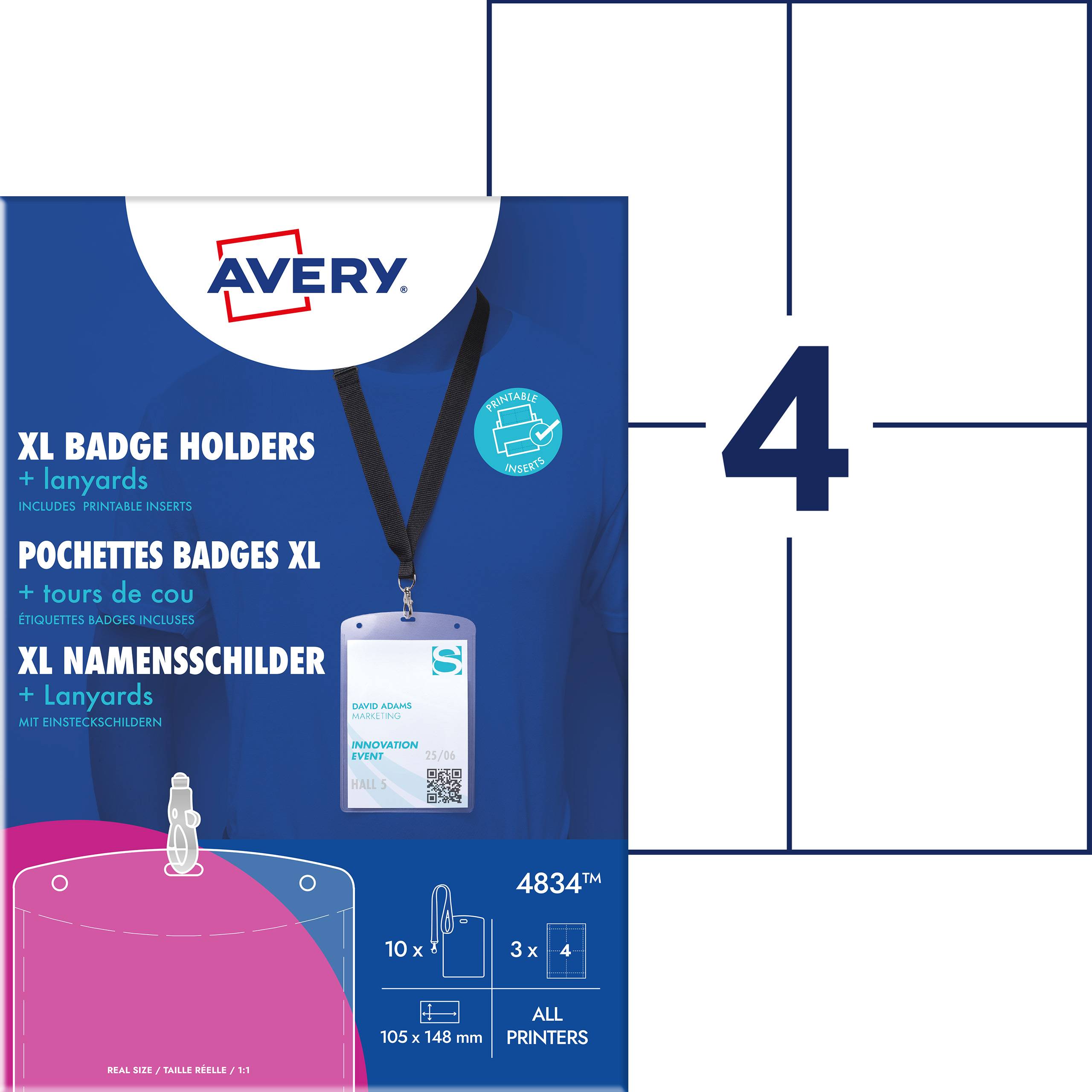 'Avery XL Namensschilder' Verpackung mit Abbildung eines Ausweishalters und eines schwarzen Lanyards. Enthält 10 Stück, 105 x 148 mm.