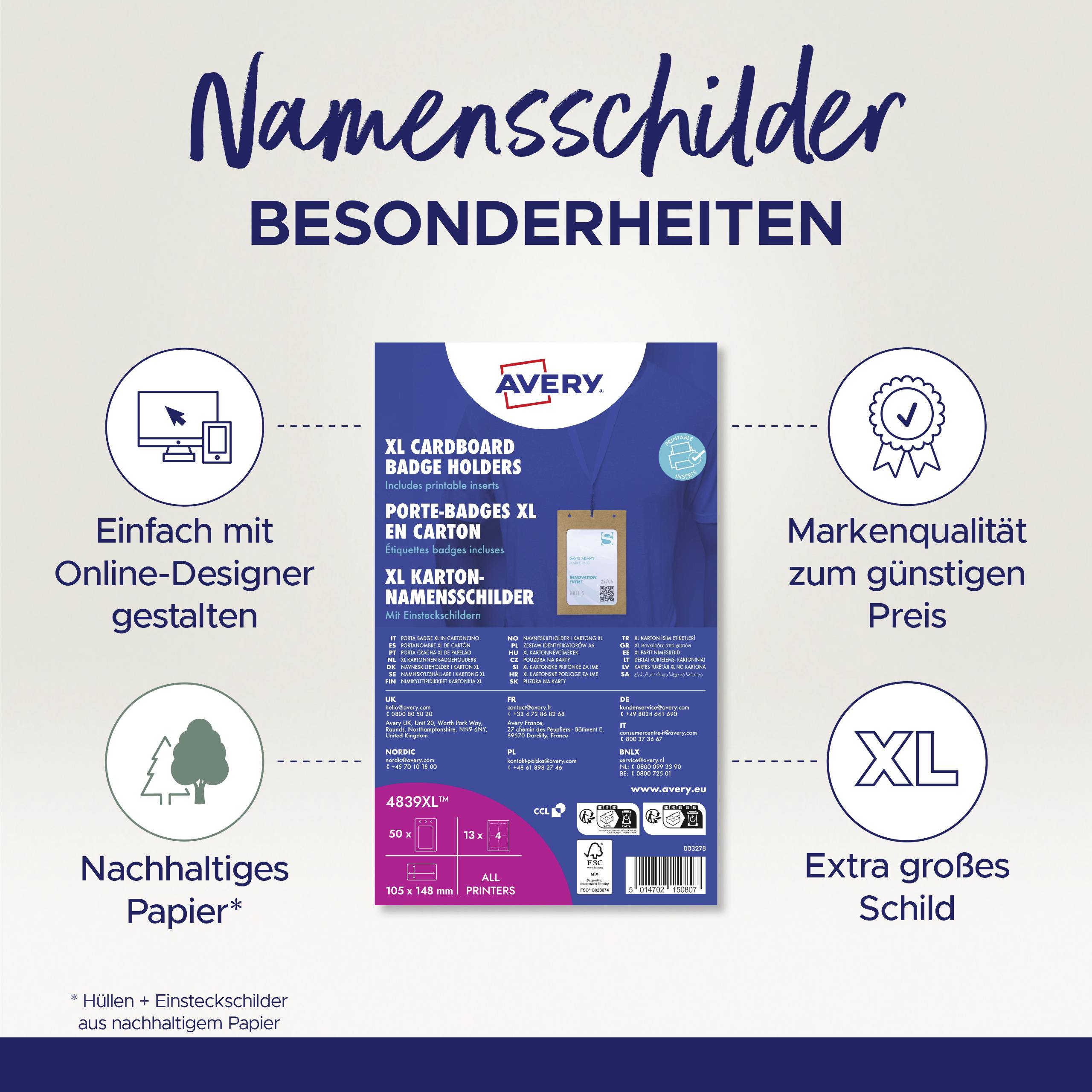 Namensschilder aus Karton von Avery in XL-Größe, einfach gestaltbar, aus nachhaltigem Papier, in Markenqualität zum günstigen Preis.