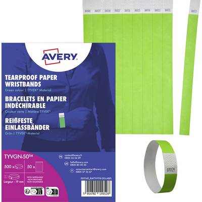 Ein Paket mit Avery-reißfesten Papierarmbändern in grüner Farbe, mit einem Streifen herausgeschnittener Armbänder. Enthält Produktdetails und Barcodes.