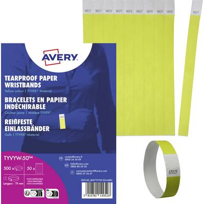 Eine Packung mit Avery reißfesten Armbändern, in Gelb präsentiert, enthält 500 beschreibbare Armbänder für Veranstaltungen oder zur Identifikation.