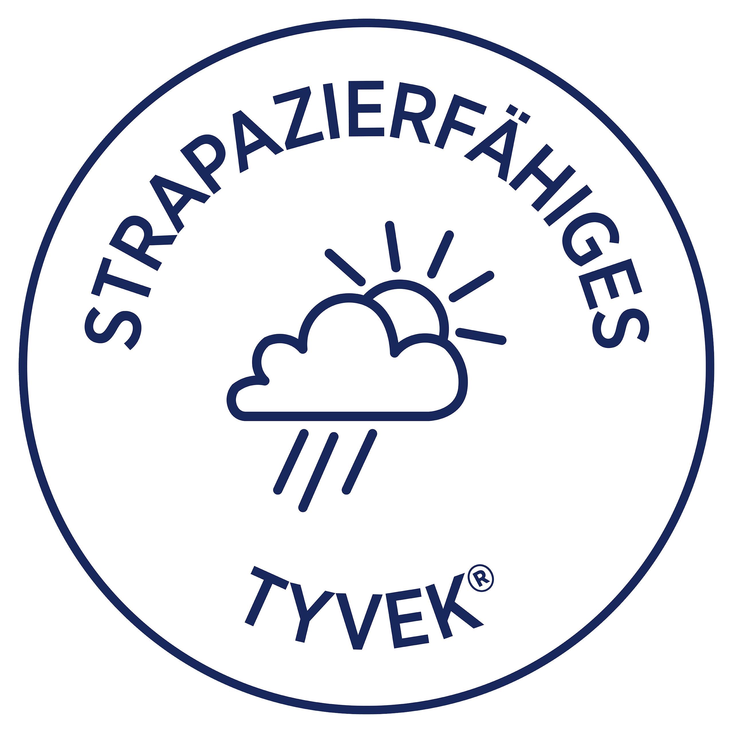 Ein runder, blauer Stempel mit einer Wolke und Sonne in der Mitte. Oben steht 'Strapazierfähiges', unten 'Tyvek®'.