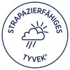 Ein runder, blauer Stempel mit einer Wolke und Sonne in der Mitte. Oben steht 'Strapazierfähiges', unten 'Tyvek®'.