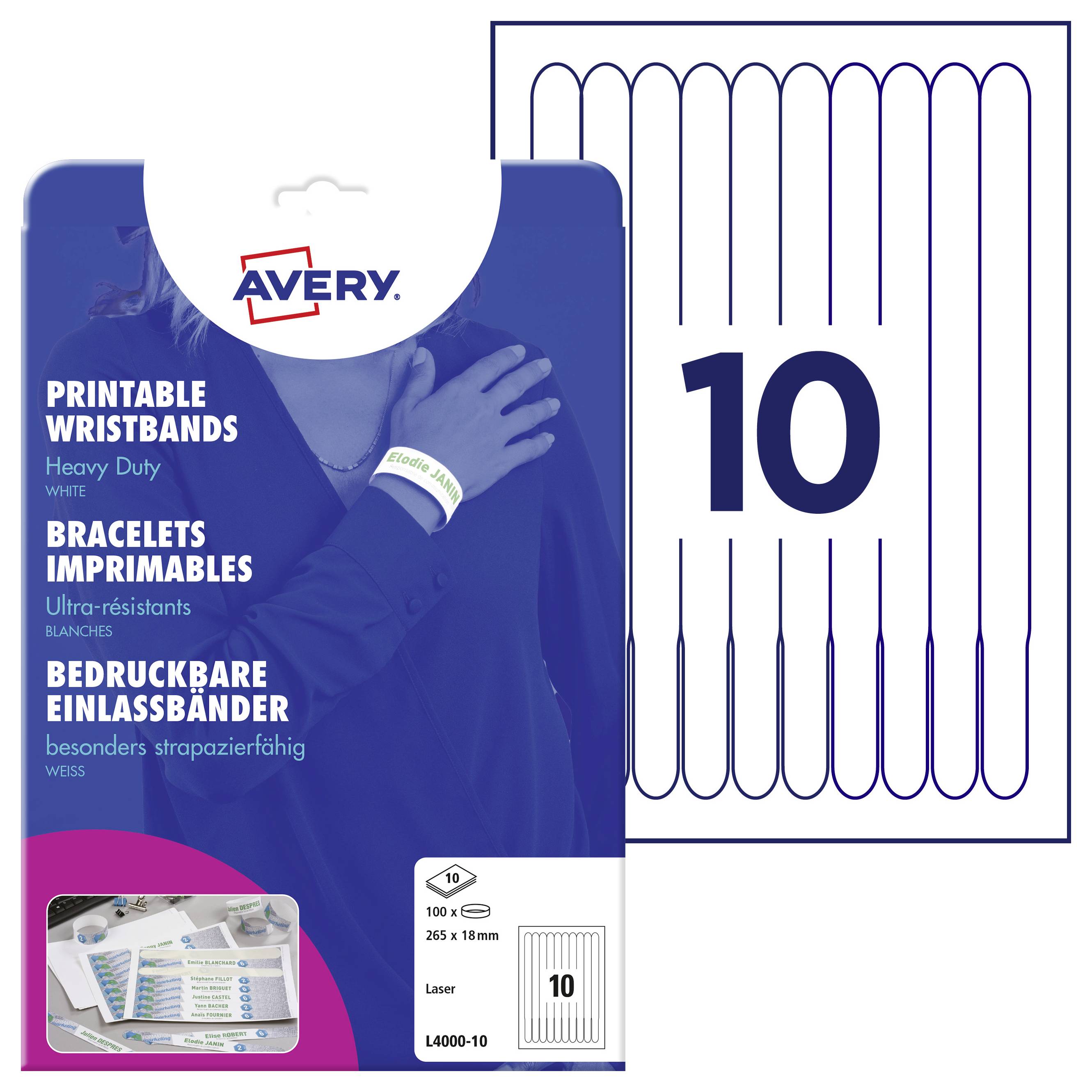 Verpackung von Avery mit bedruckbaren Einlassbändern in Blau und Weiß. Die Bänder sind schwer belastbar, 100 Stück pro Packung.