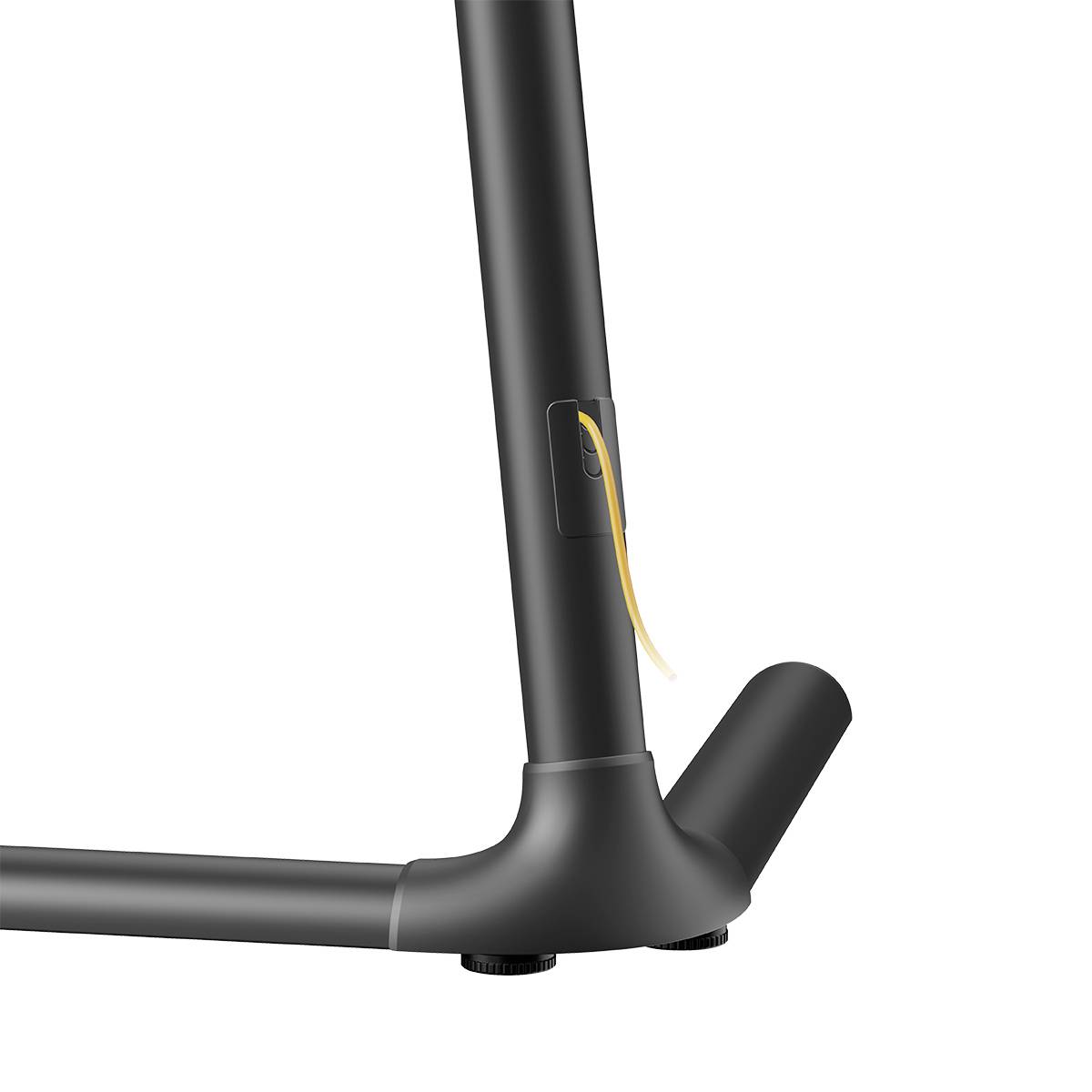 Schwarzes Tischbein mit stabilisierenden Querstreben und Kabelkanal. Geeignet für modernen Bürotisch oder Möbelstück.