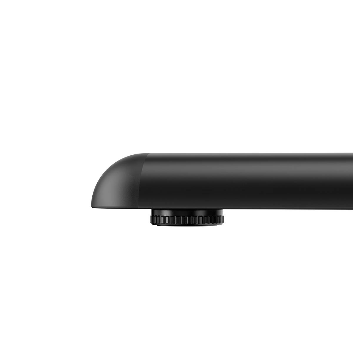 Ein schwarzer, rechteckiger Gegenstand mit abgerundeten Kanten und einem Drehknopf an der unteren Seite.