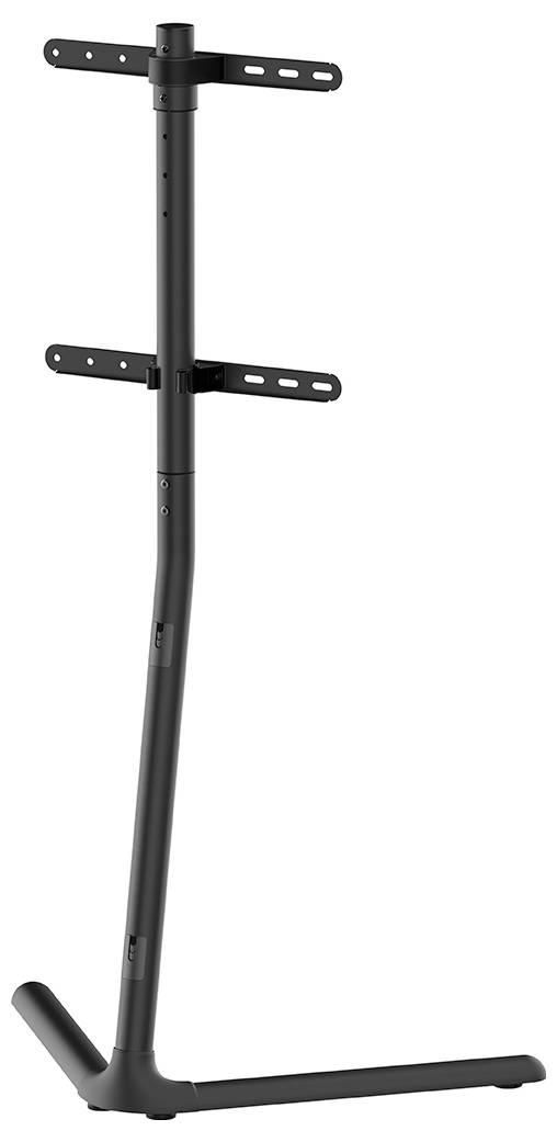 Schwarzer, verstellbarer TV-Ständer mit schlankem Design, geeignet für verschiedene Bildschirmgrößen.