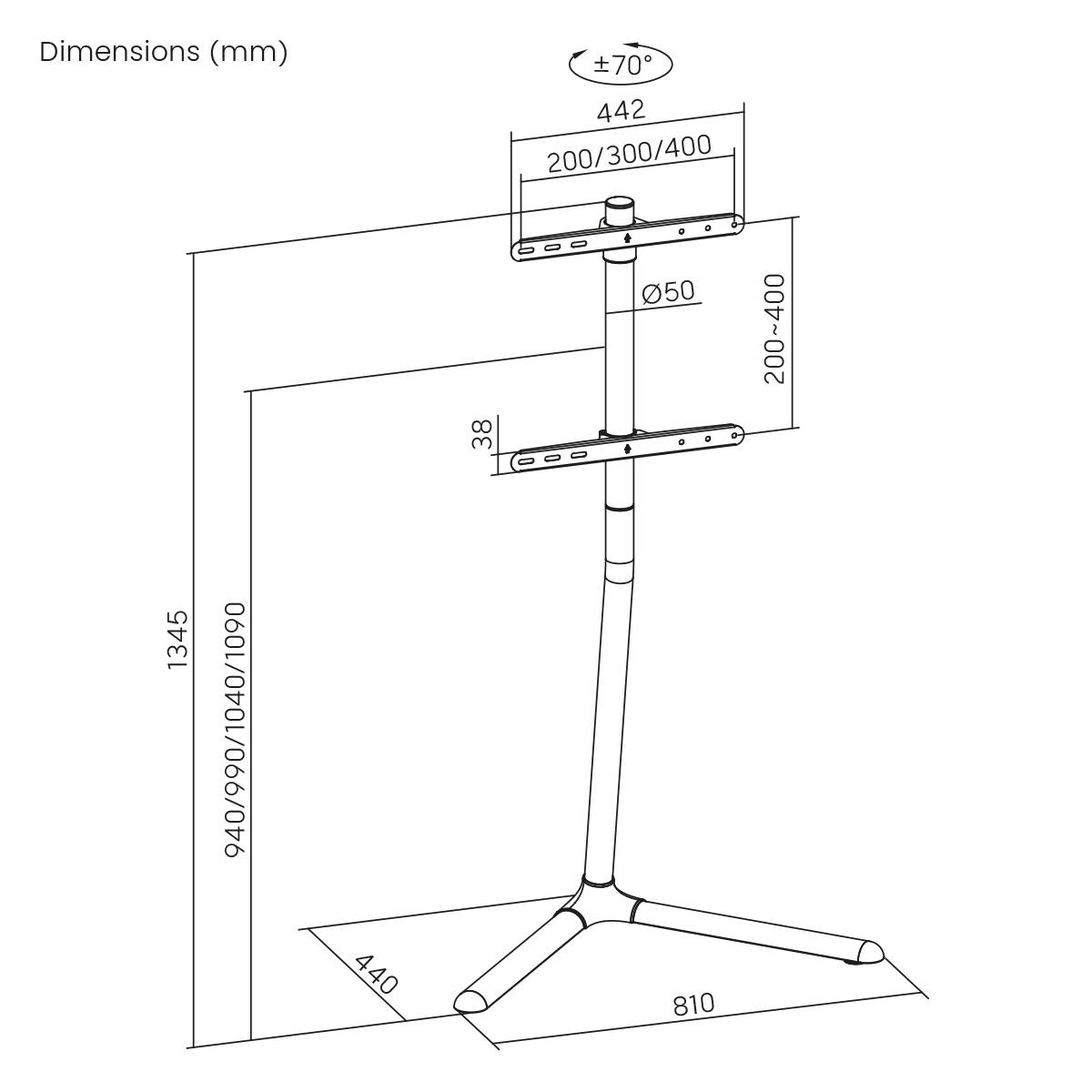 'Skizze eines Stativs mit Maßen in Millimetern: Höhe 1345, Breite 442, Tiefe 810. Einstellbare Höhe zwischen 940 und 1090.'