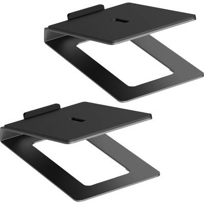 Zwei identische schwarze Laptop-Ständer in schräger Perspektive, übereinander angeordnet, zeigen ihre leicht geneigte Fläche.