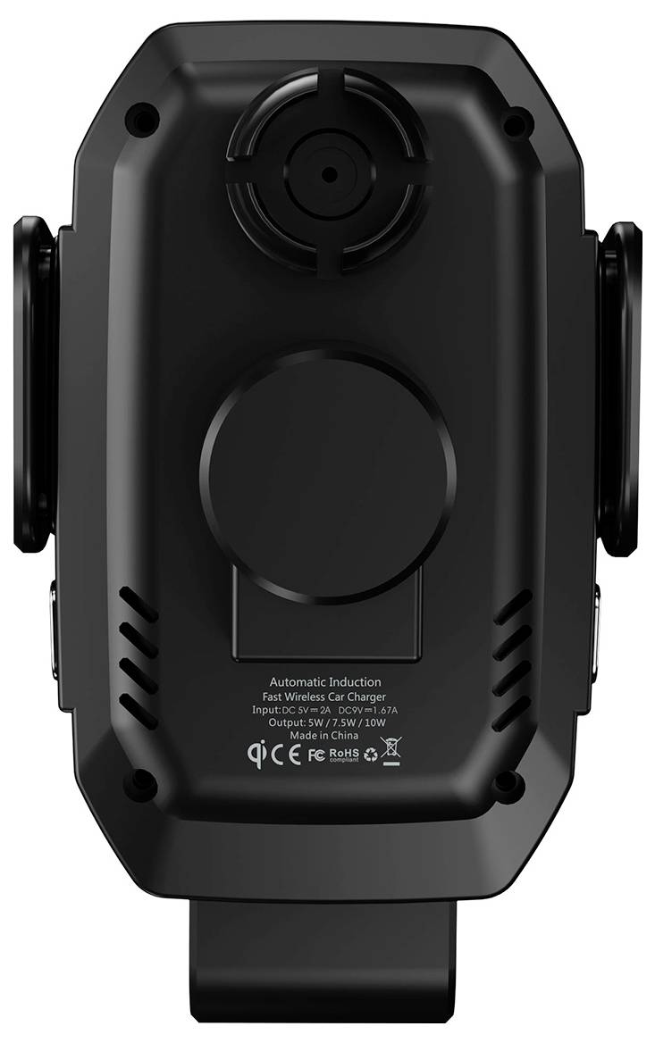 Schwarzes kabelloses Autoladegerät mit automatischer Induktion und Schnellladefunktion, Ansicht von oben.