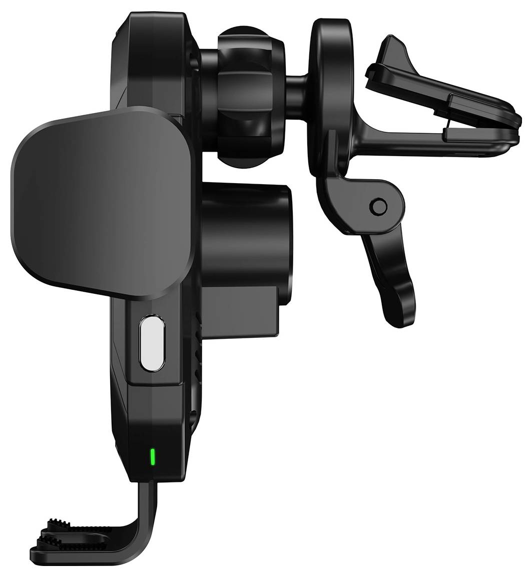 Ein Autohalterungsladegerät in Schwarz, mit Lüftungsklammer für sichere Befestigung. Geeignet für kabelloses Laden im Fahrzeug.