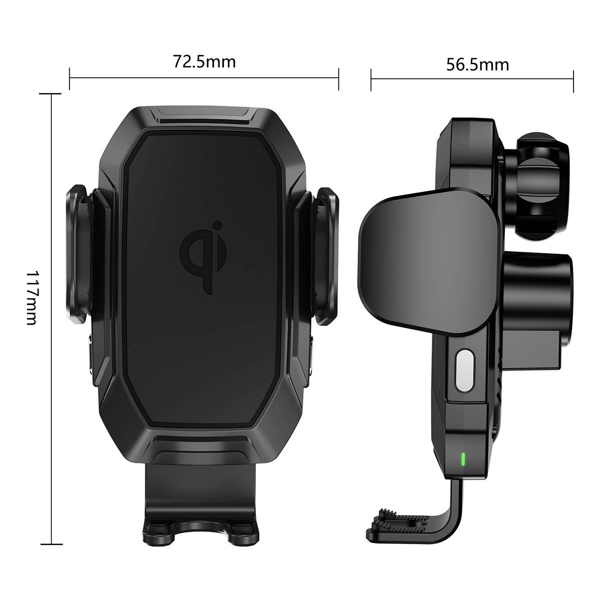 Kabelloses Qi-Ladegerät mit Halterung für das Auto. Maße: 117 mm Höhe, 72,5 mm Breite von vorne, 56,5 mm Breite von der Seite.