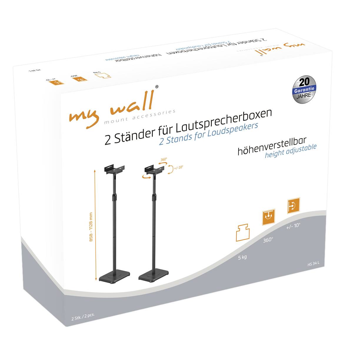 '2 Ständer für Lautsprecherboxen', höhenverstellbar, 360° drehbar, bis 5 kg. Verpackung zeigt Produktbild und Spezifikationen.