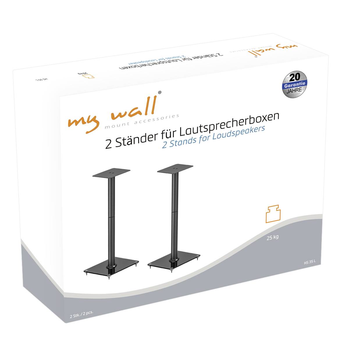 Zwei schwarze Lautsprecherständer auf einer Verpackung, bezeichnet mit '2 Ständer für Lautsprecherboxen', mit 20 Jahren Garantie.