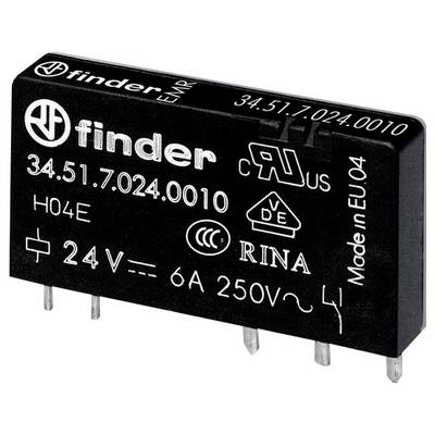 Ein Finder-Relais mit der Seriennummer 34.51.7.024.0010. Es hat eine 24V-Spule und kann bis zu 6A bei 250V schalten. Hergestellt in EU.