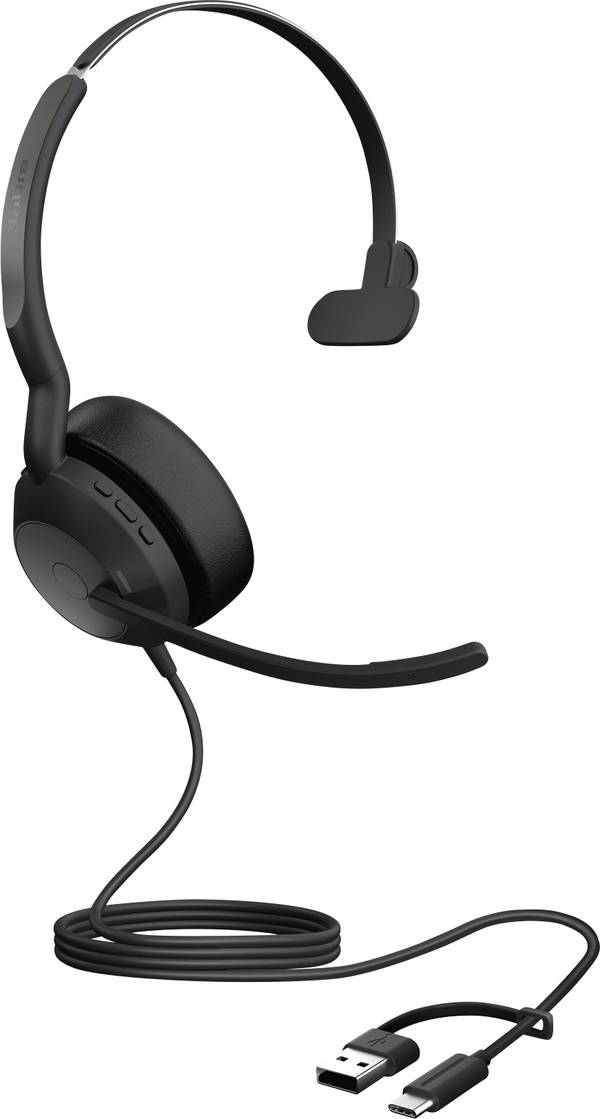 Jabra Evolve2 50 On Ear Headset kabelgebunden, Bluetooth® Mono Schwarz Mikrofon-Rauschunterdrückung, Noise Cancelling Headset, Mono, Mikrofon-Stummschaltung, Lautstärkeregelung Telefon