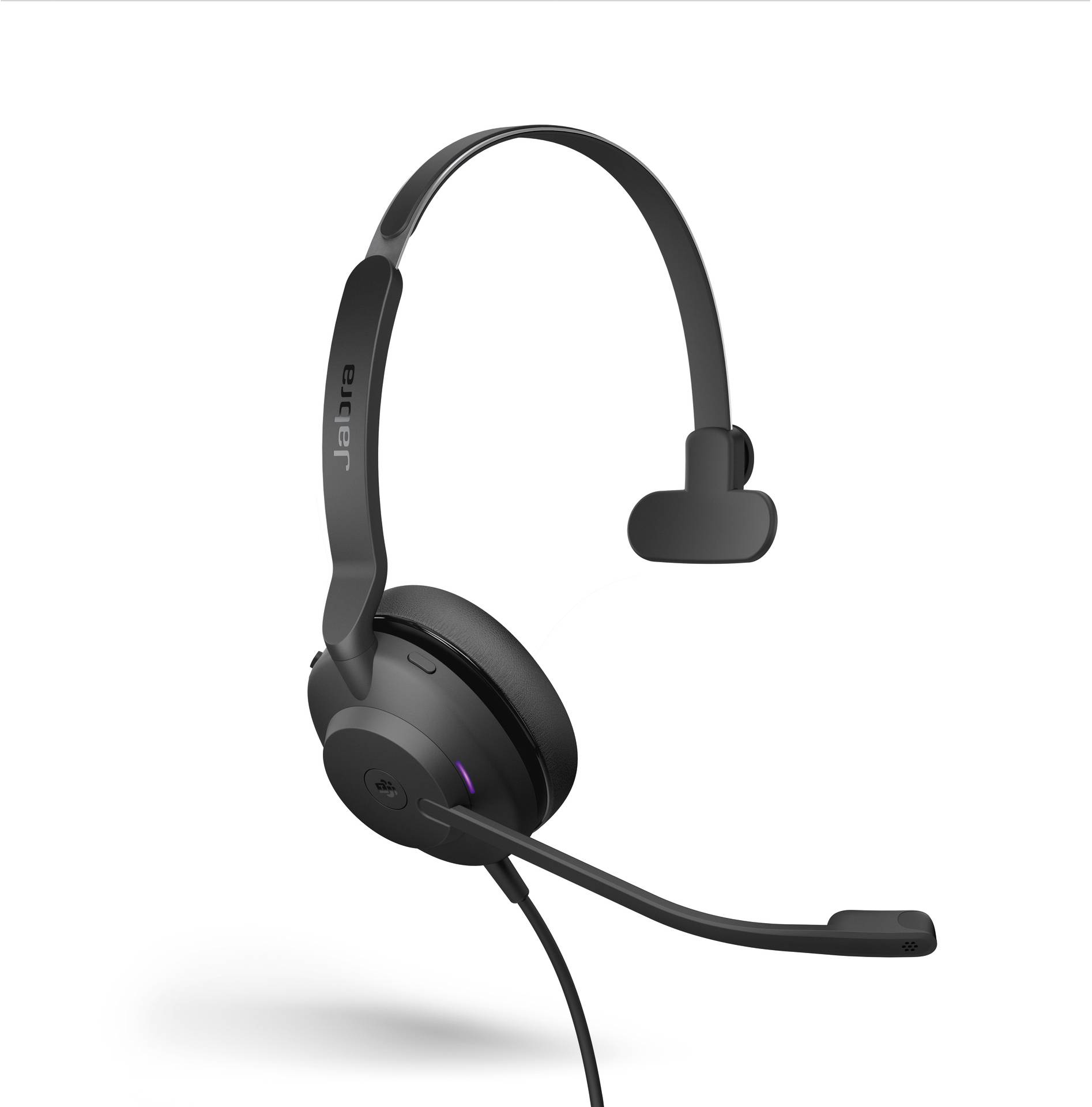 Schwarzes, einseitiges Headset mit Mikrofonarm, geeignet für Büroanwendungen. Ergonomisches Design für komfortable Nutzung.