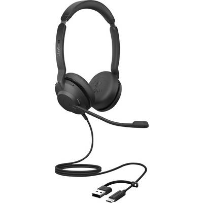 Schwarzes Headset mit integriertem Mikrofon, gepolsterten Ohrmuscheln und USB-Kabel. Geeignet für PC-Kommunikation und Musik.