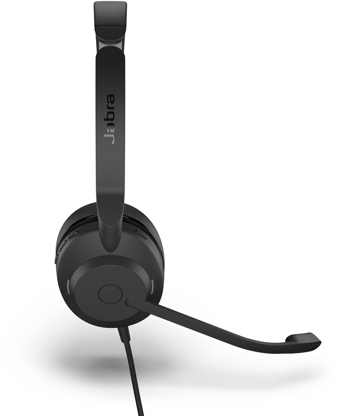 Schwarzes Headset mit Mikrofonarm, geeignet fürs Arbeiten oder Telefonieren. Markenname 'Jabra' auf dem Bügel sichtbar.