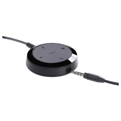 Ein schwarzer, runder Lautsprecheradapter mit Kabel und 3,5-mm-Audiostecker. Tasten für Lautstärke, Stummschalten und Anrufsteuerung.