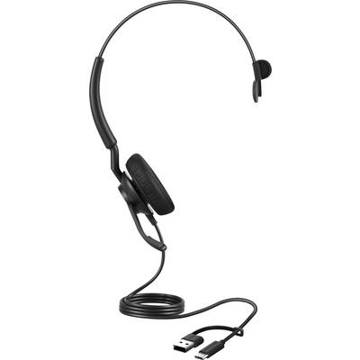Ein einohriges schwarzes Headset mit USB-Anschluss, geeignet für Computer oder Telefonanlagen, auf weißem Hintergrund.