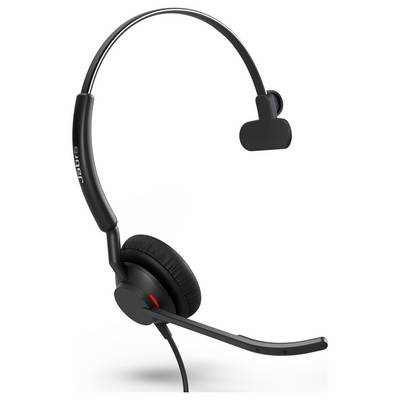 Ein schwarzes, einseitiges Headset mit einem Mikrofonarm und Polsterung am Ohrstück. Designed für professionelle Kommunikation.
