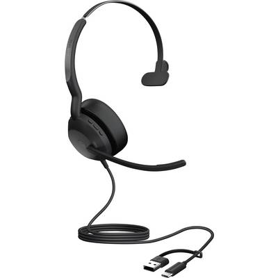 Schwarzes kabelgebundenes Headset mit Mikrofon. Enthält einen USB-Anschluss. Geeignet für Computer und Telefonkommunikation.