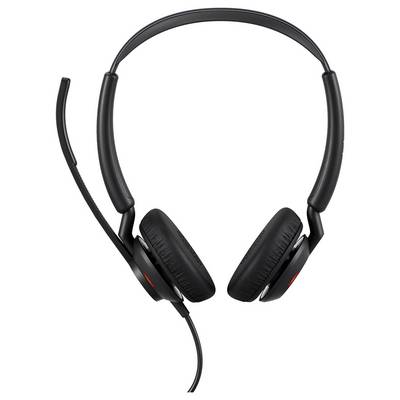 Ein schwarzes Headset mit Mikrofonarm, geeignet für Telefon- oder Computergebrauch. Es hat gepolsterte Ohrmuscheln für Komfort.