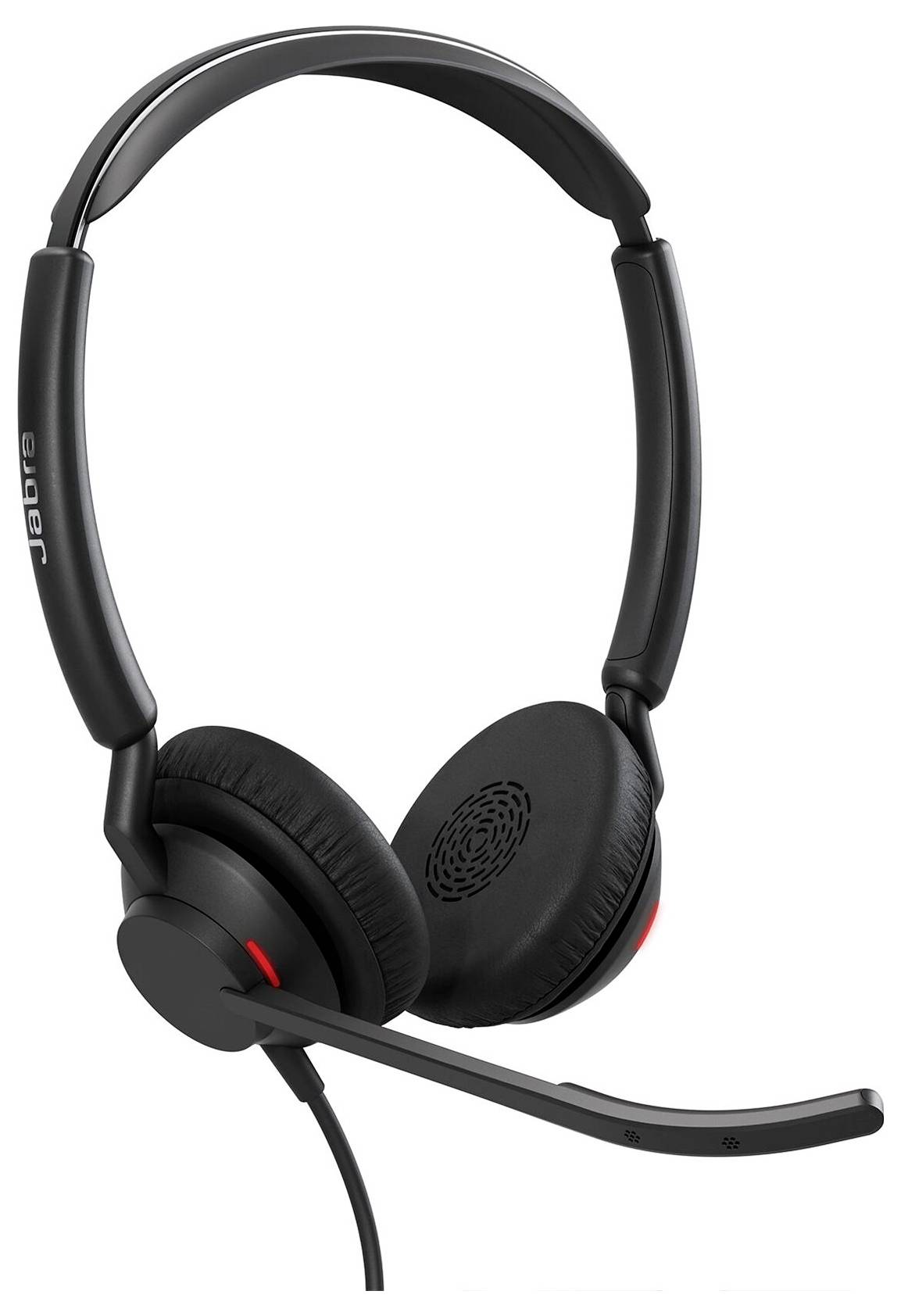 Schwarzes Headset mit Ohrpolstern, verstellbarem Kopfbügel und Mikrofonarm. Geeignet für Telefonate oder Computer-Audio.