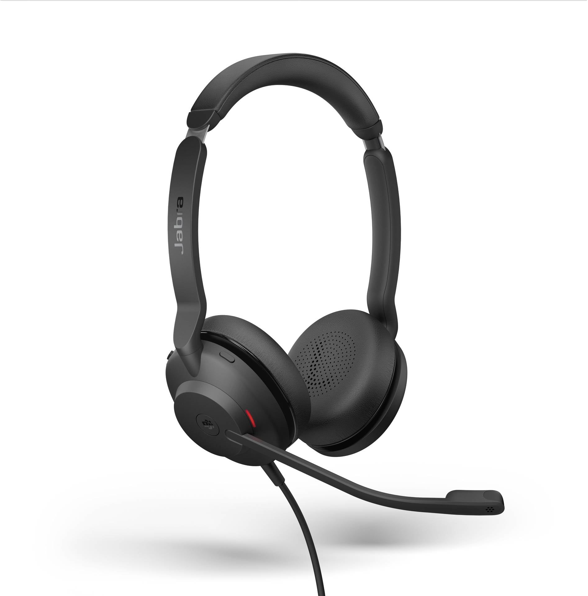 Schwarzes Headset mit Mikrofon, geeignet für Telefonate und Online-Meetings. Es hat weiche Ohrpolster für Komfort.